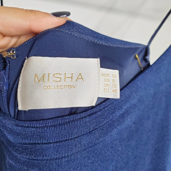 MISHA COLLECTION • Navy Blue Faith Ruched Midi Dress Sz 8 - Picture 5 of 8